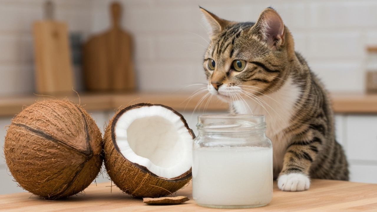 Cat with coconut oil jar