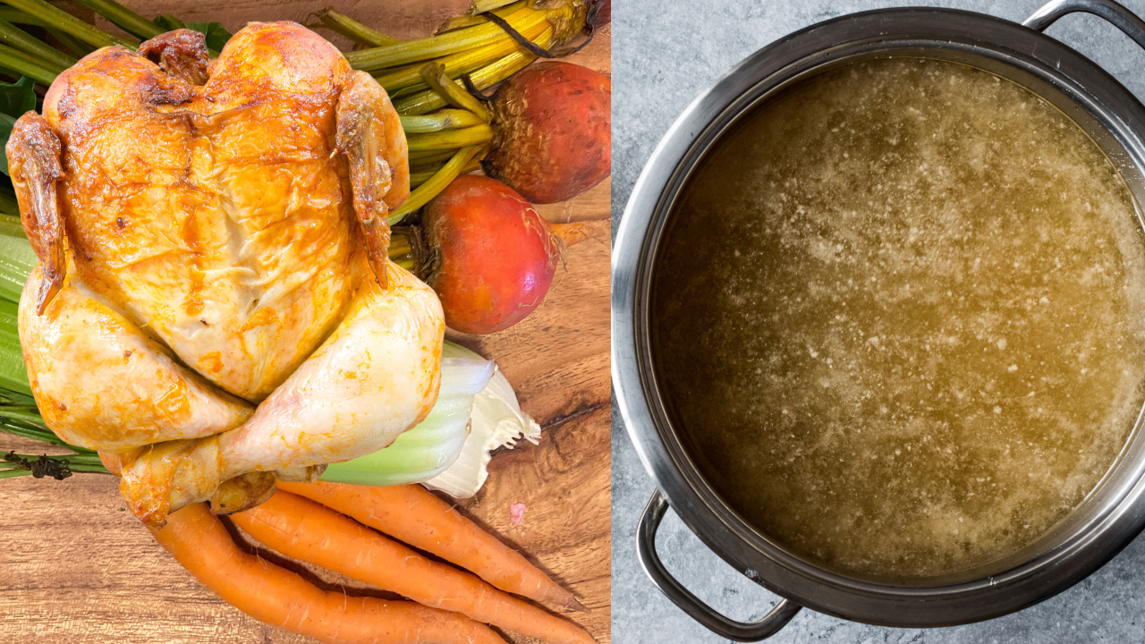 Whole chicken and pot of broth, representing homemade bone broth for pets