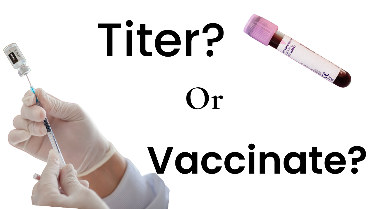 Gloved hands holding a syringe with text reading “Titer or Vaccinate?” and a sample tube